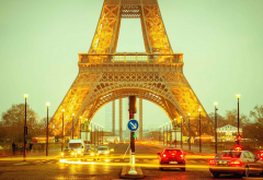 eiffel tower, night, lights, street, cars, city, paris, france wallpaper