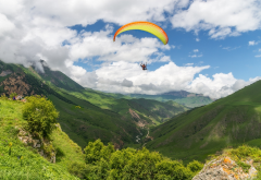paragliding, sport, extreme, selfie under the dome, mountains, clouds wallpaper