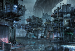 cyberpunk, futuristic, factory, rain, graphics wallpaper