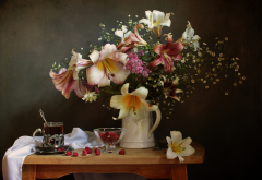 flowers, raspberry, bouquet of summer, glass of tea wallpaper
