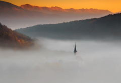 slovenia, church, clouds, fog, nature, mountains wallpaper