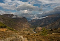 mountains, clouds, valley, chulyshman canyon, russia, nature wallpaper