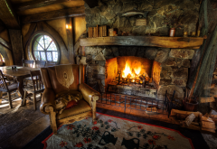 hobbiton, interior, armchair, fireplace, home, fire, house wallpaper