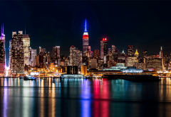 new york, usa, skyscrapers, house, night, city, reflection wallpaper