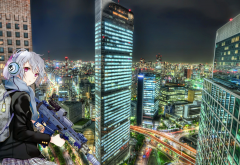 cyberpunk, futuristic, tokyo, skyline, japan, night, gun wallpaper