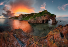 sea, sunset, shore, cliff, clouds, nature wallpaper