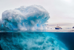 antarctica, iceberg, ice, boat, ship, sea, underwater, nature wallpaper
