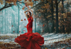 red dress, women, autumn leaf, park, brunette wallpaper