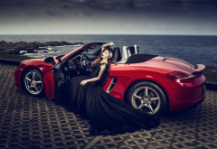 asian, black dress, women, cars, cabrio, red porsche, porsche wallpaper