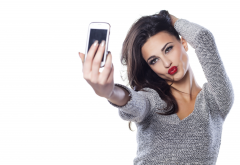 selfie, brunette, red lips, duckface, sweater, women wallpaper