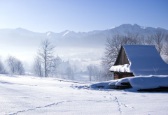winter, snow, mountains, house, nature, scenery wallpaper