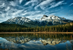 alberta, canada, sky, reflection, lake, mountains, clouds, trees, forest wallpaper
