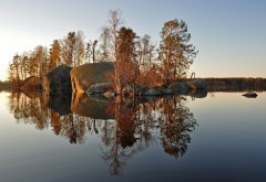 rocks, lake, trees, reflection, stone island, auatumn, nature wallpaper