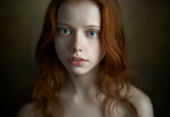redhead, women, face, portrait, wavy hair, bare shoulders, freckles wallpaper