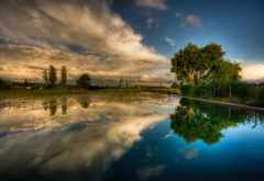 summer, tree, lake, water, clouds, sky, reflection. nature wallpaper