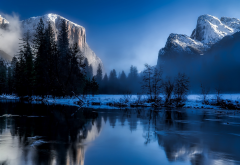 yosemite national park, usa, water, california, tree, fog, snow, mountains, nature wallpaper