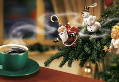 new year, christmas, santa, snowman, christmas tree, coffee wallpaper