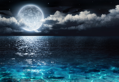 moon, ocean, night, clouds, graphics, 3d wallpaper