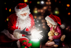 christmas, new year, gifts, girl, teddy bear, santa claus, holidays wallpaper