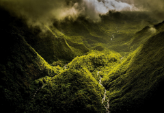nature, landscape, mountain, mist, clouds, valley, river, forest, green, Hawaii, island wallpaper