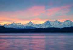 mountains, peaks, snow, lake, sunrise, clouds, nature wallpaper