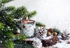 candle, pine needle, pine cone, snow, new year, christmas, holidays wallpaper