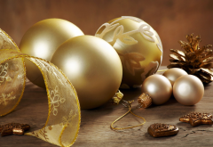 new year, balls, cones, golden, christmas, holidays, decorations wallpaper