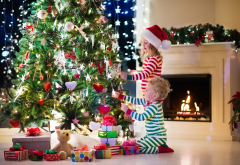 children, tree, holiday, christmas, new year, kids, baby, fireplace wallpaper
