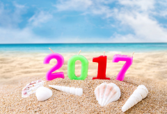 2017, new year, candles, seashells, sand, beach, sea, shells wallpaper