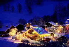 christmas village, mountains, night, house, lights, winter, snow wallpaper