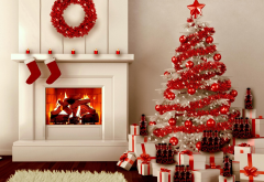 fireplace, christmas tree, new year, graphics, christmas wallpaper