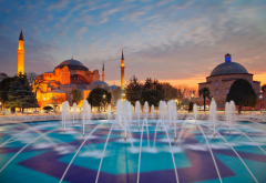 hagia sophia, evening, istanbul, minaret, turkey, fountain wallpaper