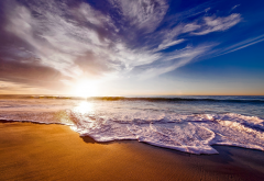 california, sunset, sky, clouds, sea, waves, beach, sand, horizon wallpaper