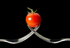 tomato, close-up, black background, forks wallpaper