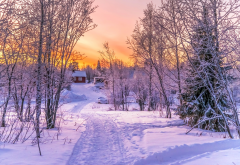kiruna, sweden, winter, nature, beautiful, path, sunset, snow, house wallpaper