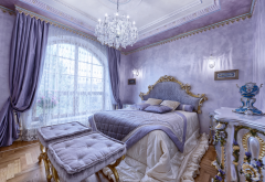interior, bedroom, bed, window, chandelier, curtains wallpaper