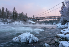 bridge, river, winter, snow, ice, nature, beautiful, suspension bridge wallpaper