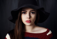 women, face, portrait, hat, brunette, red lips wallpaper