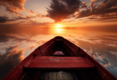 boat, sunset, clouds, sun, lake, fog wallpaper