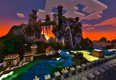 minecraft, castle, rock, lake, 3d, hd, video games wallpaper