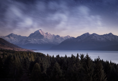 nature, trees, forest, landscape, mountain, evening, water, lake, snow, snowy peak, stars, clouds, p wallpaper