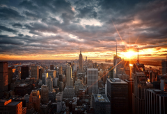 manhattan, new york, usa, skyscrapers, sunrise, city, clouds wallpaper