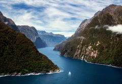 milford sound, new zealand, south island, nature, fjord, mountains, boat wallpaper
