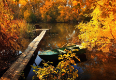 creek, bridge, boat, tree, yellow foliage, autumn, nature wallpaper