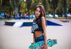skateboard, jean shorts, outdoors, belly, brunette, women wallpaper