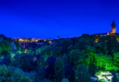 luxembourg, night, trees, park, castle, city wallpaper