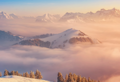 rigi, switzerland, landscape, mist, mountains, snow, clouds wallpaper