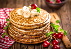 pancakes, banana, cherry, food wallpaper