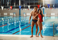 pool, couple, swimsuit, brunette, model, women, red swimsuit, legs, man wallpaper