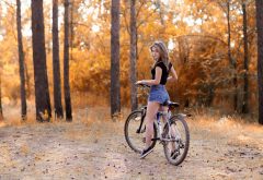 women, bicycle, tree, forest, jean shorts, outdoors, sneakers wallpaper